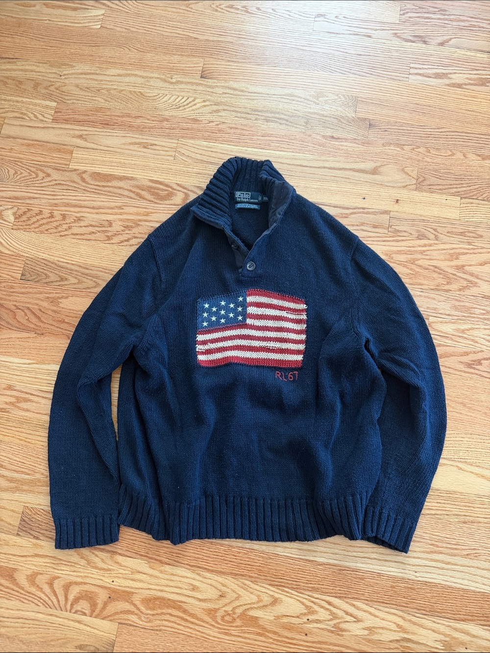 Vintage Polo by Ralph Lauren Navy Shawl-Collar Sweater with Flag Motif XXL knit
